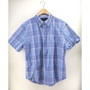 Ralph Lauren Seersucker Button‎ Up Short Sleeve Mens XL Blue White Striped Slim